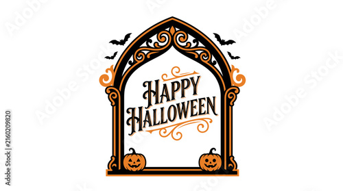 Gothic archway frame with 'Happy Halloween' text, pumpkins, and bats, rendered in black for spooky holiday decor.