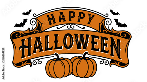 Happy Halloween banner with text, pumpkins, and bats, in orange and black, suitable for festive seasonal displays and party invitations.