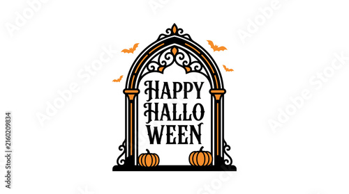 Gothic archway frame with 'Happy Halloween' text, pumpkins, and bats, rendered in orange and black for spooky holiday decor.