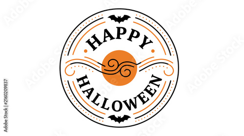 Circular 'Happy Halloween' emblem with pumpkins, bats, and swirls in orange and black for unique seasonal greeting cards and decorations.