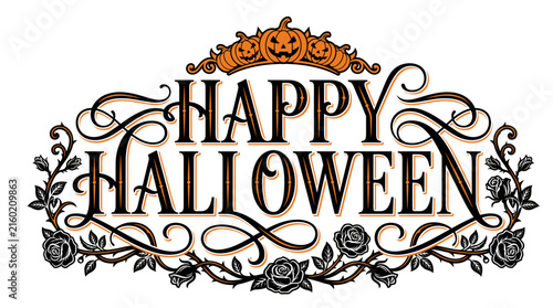 Happy Halloween spooky gate with bats and pumpkins for holiday decoration.