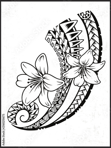 Polynesian tribal hammerhead shark tattoo vector illustration with tropical frangipani flowers