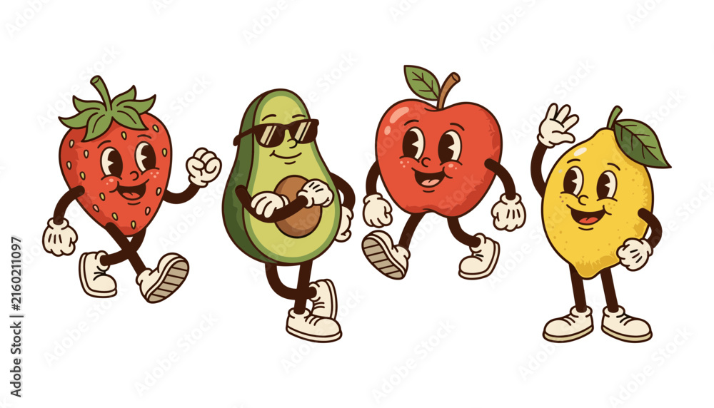 Obraz premium Retro groovy walking fruit mascot characters vector illustration set featuring vintage strawberry avocado apple and lemon cartoon figures