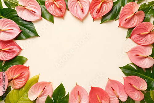 Elegant pink and coral anthurium flowers framing a blank space on a light background from above