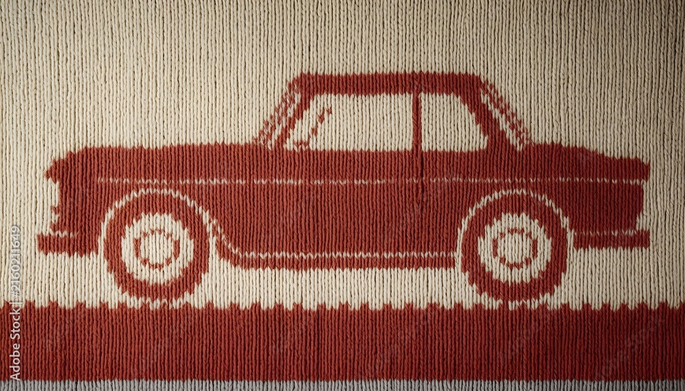 Red car silhouette on textured fabric background