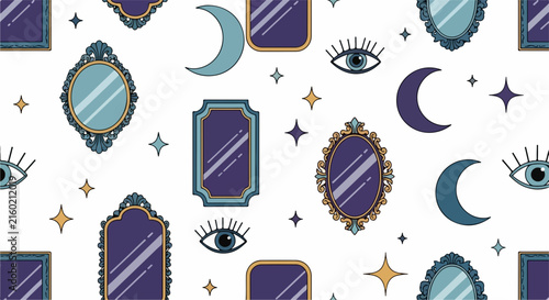 Seamless Pattern with Vintage Mirrors and Celestial Symbols