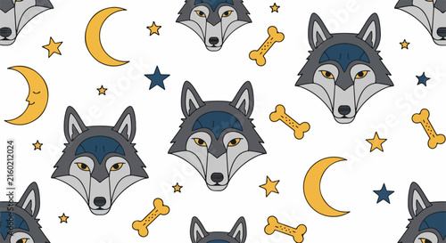 Seamless pattern with cute wolf heads moon and stars