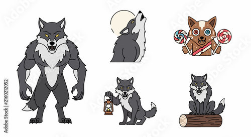 Set of cute cartoon werewolf characters for halloween