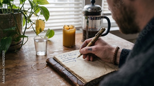 Close up hand journaling with brass fountain pen at dawn beside dented French press, mindful morning ritual