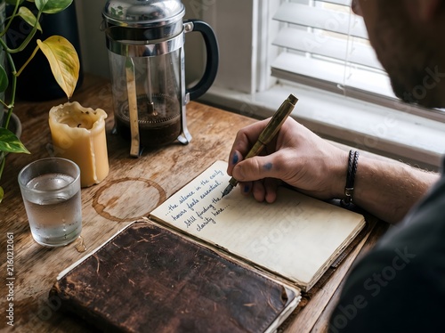 Close up hand journaling with brass fountain pen at dawn beside dented French press, mindful morning ritual