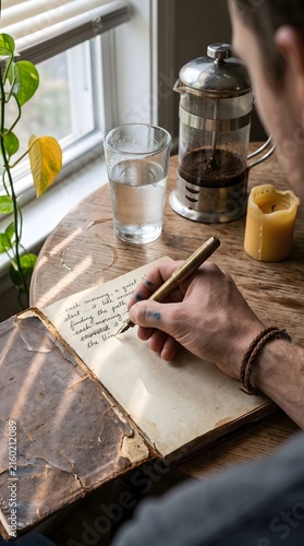 Close up hand journaling with brass fountain pen at dawn beside dented French press, mindful morning ritual