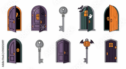 Set of spooky halloween doors and vintage keys