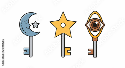 Set of three mystical halloween keys with moon star and eye
