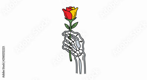 Skeleton hand holding a colorful rose flower