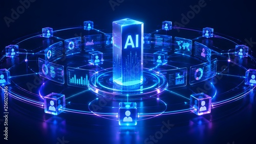 Advanced artificial intelligence driving decentralized data networks, processing complex information and connecting users globally with intuitive digital analytics dashboards.