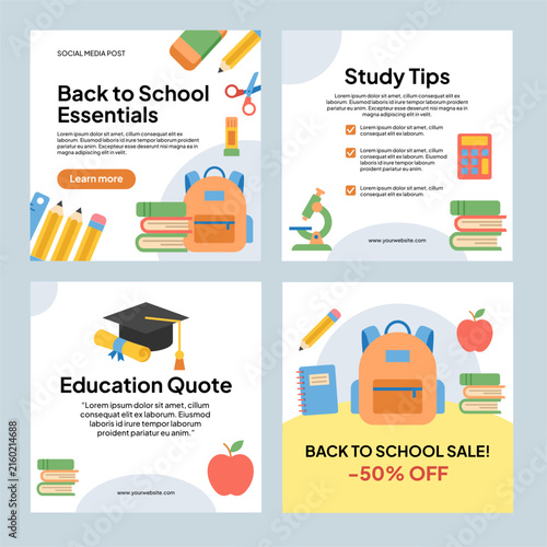 Vector back to school and education social media post templates featuring school supplies, backpacks, and books for study tips and sale promotions.