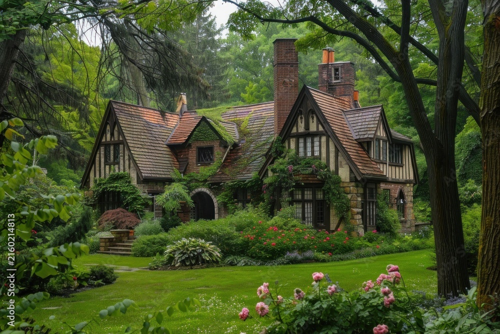 Naklejka premium Charming cottage with a brick and stone facade, surrounded by a vibrant green garden and trees