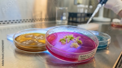 Close plant tissue culture growing pink agar petri dish sterile laboratory environment