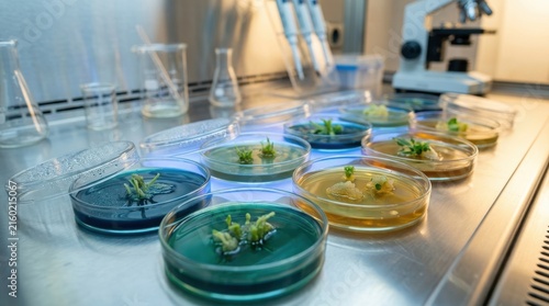 Plant tissue culture specimens petri dishes stainless steel laboratory bench scientific equipment