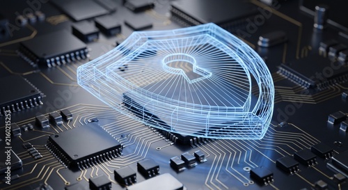 Abstract Cybersecurity Digital Shield wireframe Circuit Board microchip
