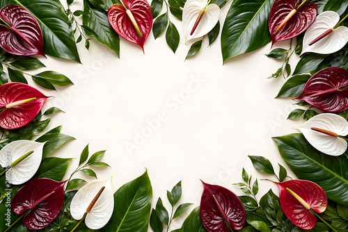 Top-down luxury floral composition featuring exotic burgundy and white anthurium flowers with lush tropical green leaves framing empty copy space