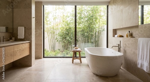 Modern Minimalist Bathroom Freestanding Bathtub window Overlooking Garden