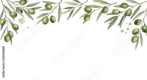 Watercolor illustration of olive branch border. Decorative foliage frame with green fruit and leaf. Organic ingredient for healthy Mediterranean food and oil production design background.