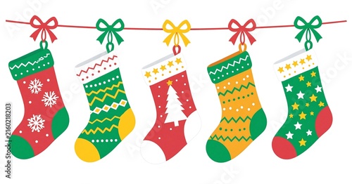 Colorful Christmas Stockings Hanging on a Festive Garland