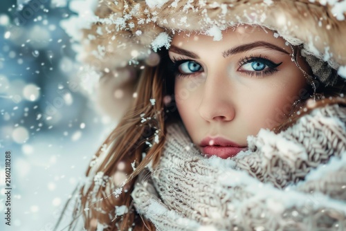 Woman with blue eyes wrapped in warm clothing amidst falling snow