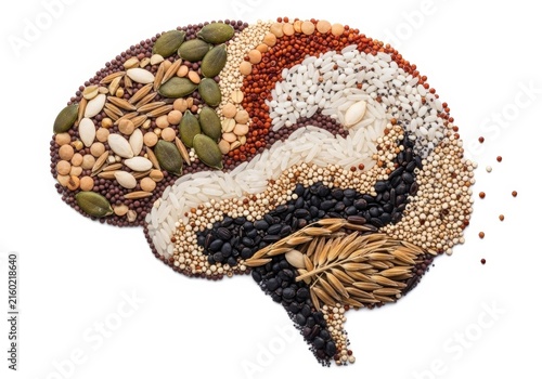 Human brain shape made from various raw grains, seeds and legumes. Concept of healthy nutrition for mental health and brain food. Nutritious diet for cognitive function and memory.