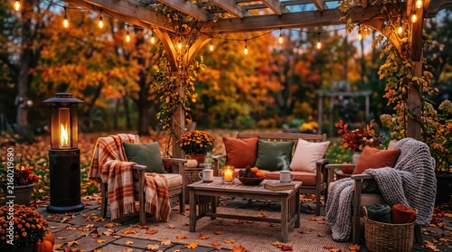 Cozy outdoor patio seating area with string lights, patio heater, blankets and colorful autumn foliage in a backyard.