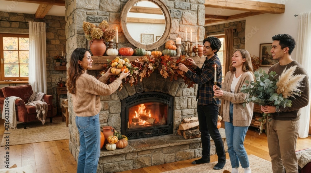 Naklejka premium Friends decorating a cozy fireplace with pumpkins and autumn leaves for fall