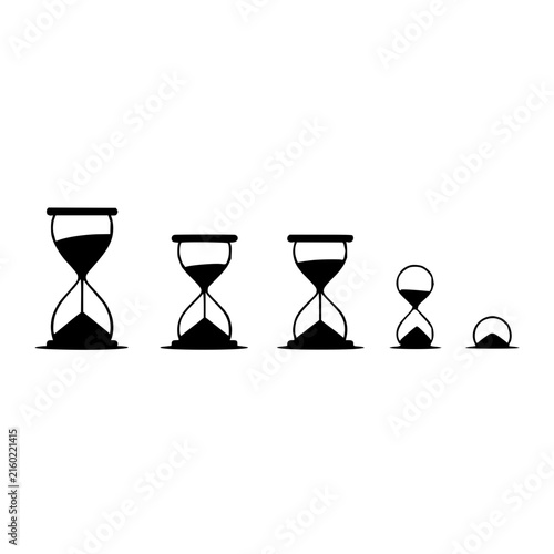 Hourglass set with five linear stages of sand flow from full to empty featuring minimalist flat vector icons with monochromatic black and white palette and modern clean aesthetic