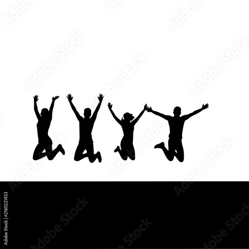 Five silhouetted figures in mid-jump set with dynamic poses featuring joy, freedom, and celebration with clean black and white vector illustration
