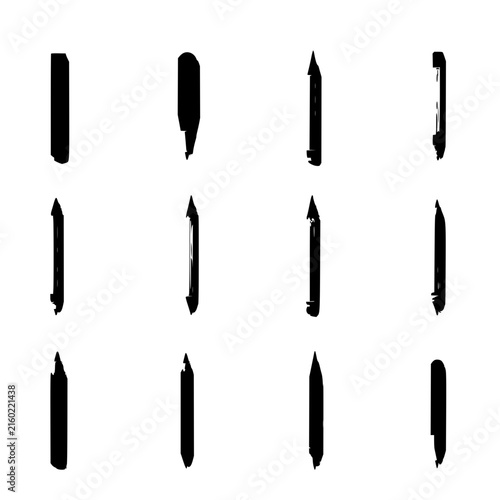 Pencil icon set with eight minimalist flat design pencils featuring graphite, colored, and mechanical styles with clean black and white lines