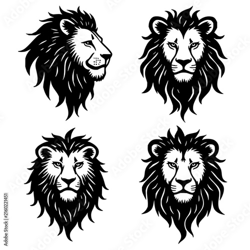 Lion head set with six bold black and white vector illustrations featuring varied expressions and angles with intricate mane details and plain white background