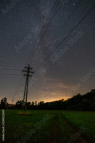 фотографія Electric power lines and pylon stretching across a green field under a clear starry night with the Milky Way