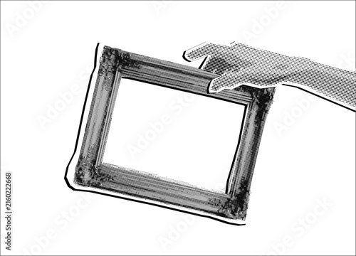 Collage element of a hand holding an empty vintage picture frame, halftone newspaper style on transparent background, ready for artwork concept, hand drawn illustratio