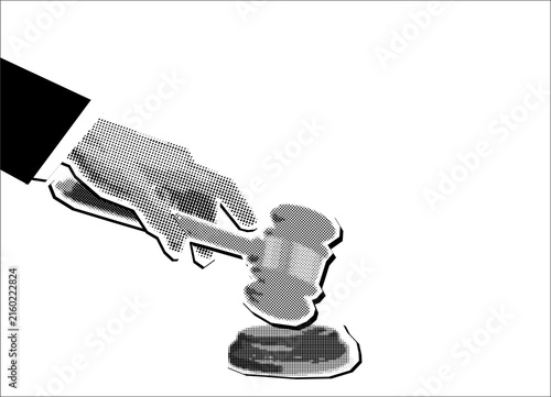 Collage element of a judge's hand striking a gavel, halftone newspaper style on transparent background, justice and verdict concept, hand drawn illustration