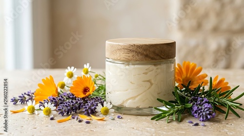 Natural cosmetic cream jar with fresh organic flowers and herbs on a bright table. botanical balm creation