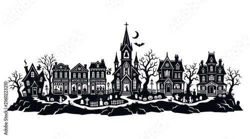 Принти на полотні Halloween Spooky haunted village skyline set with gothic church and graveyard