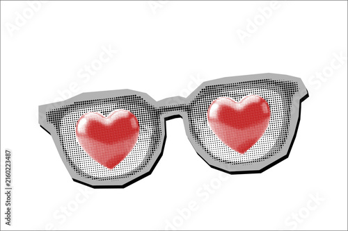 Collage element of glasses with red hearts inside the lenses, halftone newspaper style on transparent background, romantic vision concept, hand drawn illustration