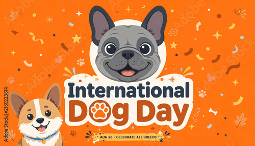 International Dog Day Vector Graphic Banner Featuring Cute Flat Cartoon French Bulldog And Corgi Puppy Character Icons On Bright Orange Pattern Background For August 26 Festive Flyer