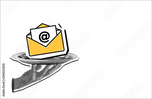 Collage element of a waiter's hand holding a serving tray with an envelope on it, halftone newspaper style on transparent background, mail and service concept, hand drawn illustration