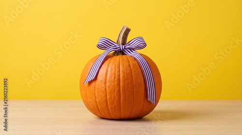 A single orange pumpkin decorated with a purple and white gingham ribbon bow on a yellow background