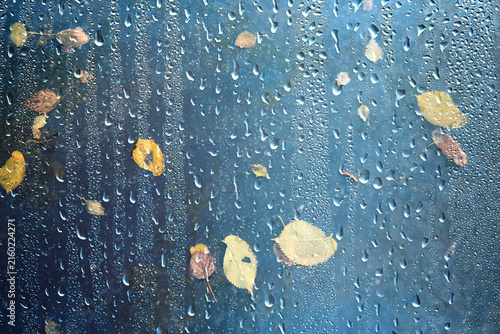 Drops on the window, autumn leaves, abstract autumn weather background