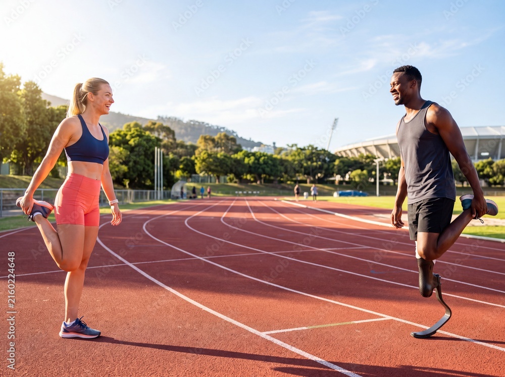 Obraz premium Athletes Warming Up: A female athlete and a male athlete with a prosthetic leg stretching on a running track under the warm sun, showcasing determination and inclusivity in sports.
