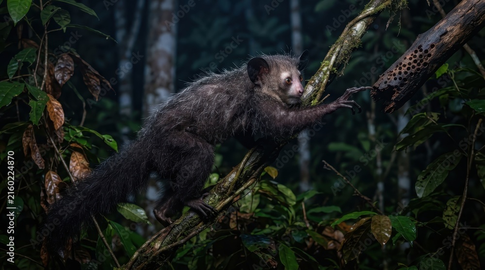 Naklejka premium Aye-aye primate foraging for insects in a dark, lush rainforest at night