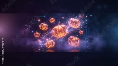 Floating Neon Jack O Lanterns in Foggy Night