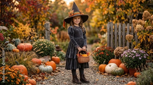 Little Girl in Witch Costume in Autumn Garden